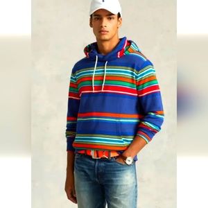 $228 Polo Ralph Lauren Men Cobalt Striped Fleece Hoodie - MEDIUM- NWT !!!